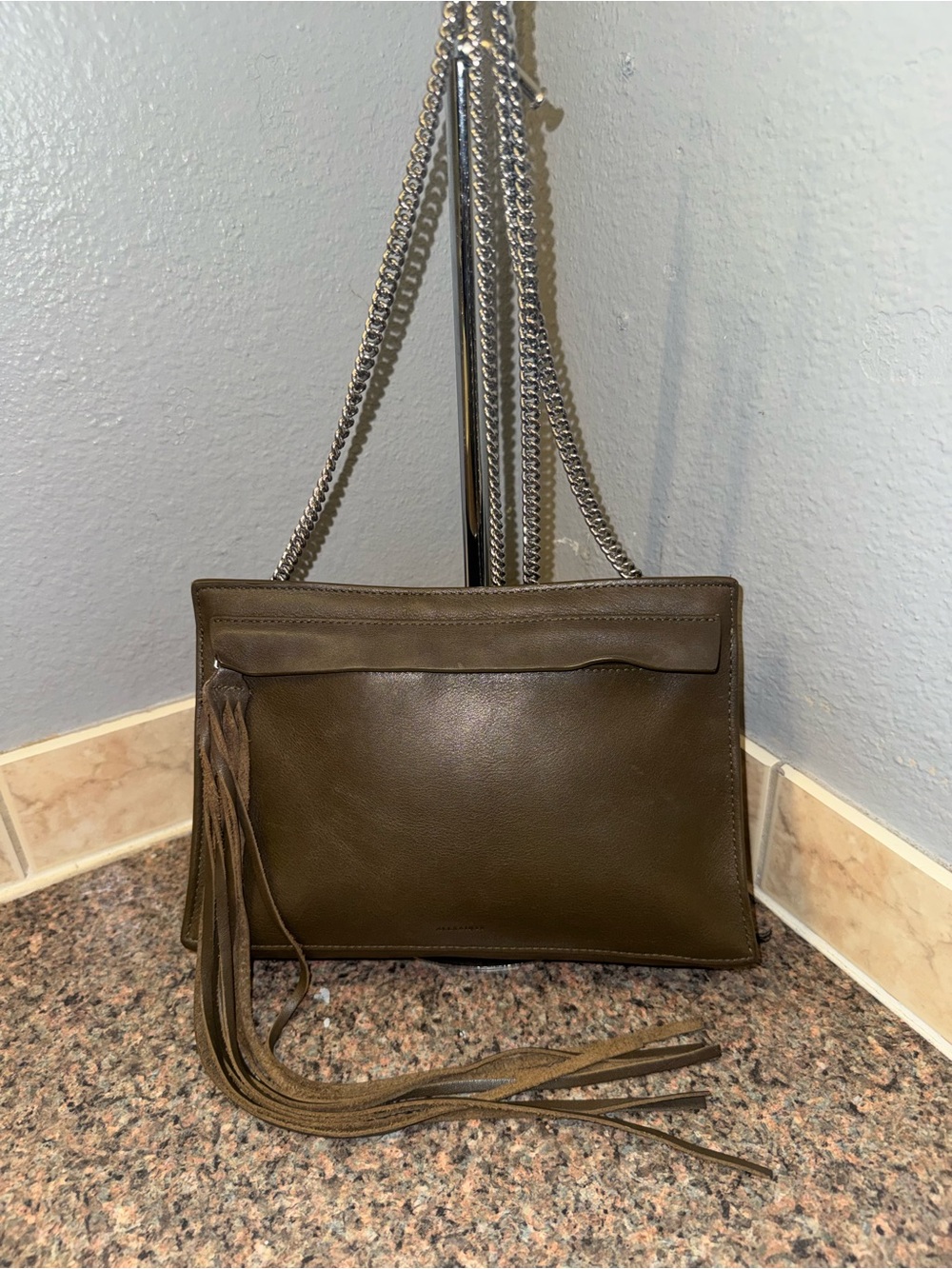 AllSaints Kyo Leather Fringe Crossbody Shoulder Bag.